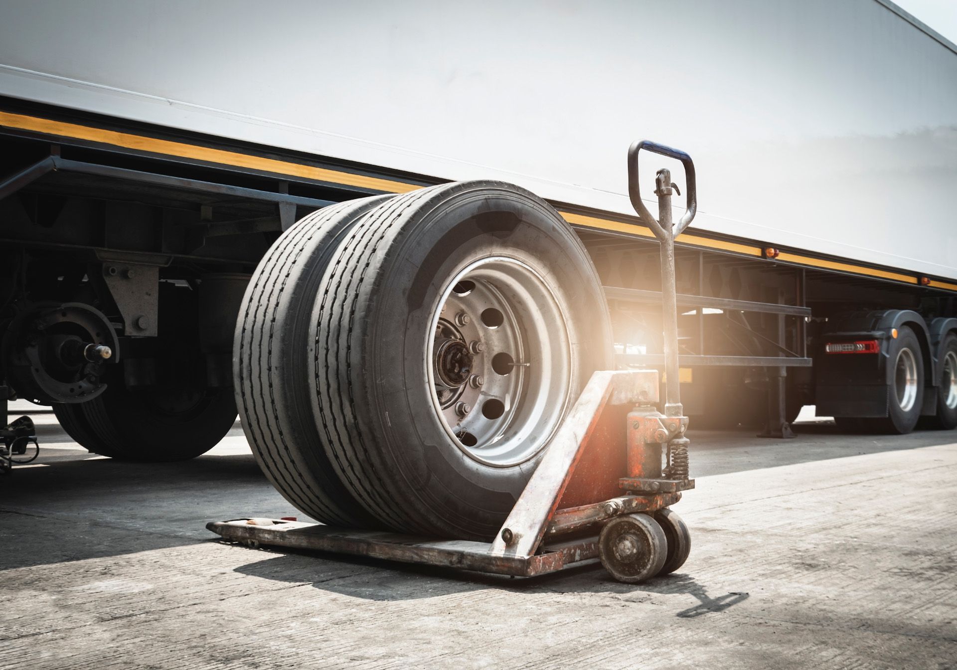 A truck is being loaded with tires on a pallet.
