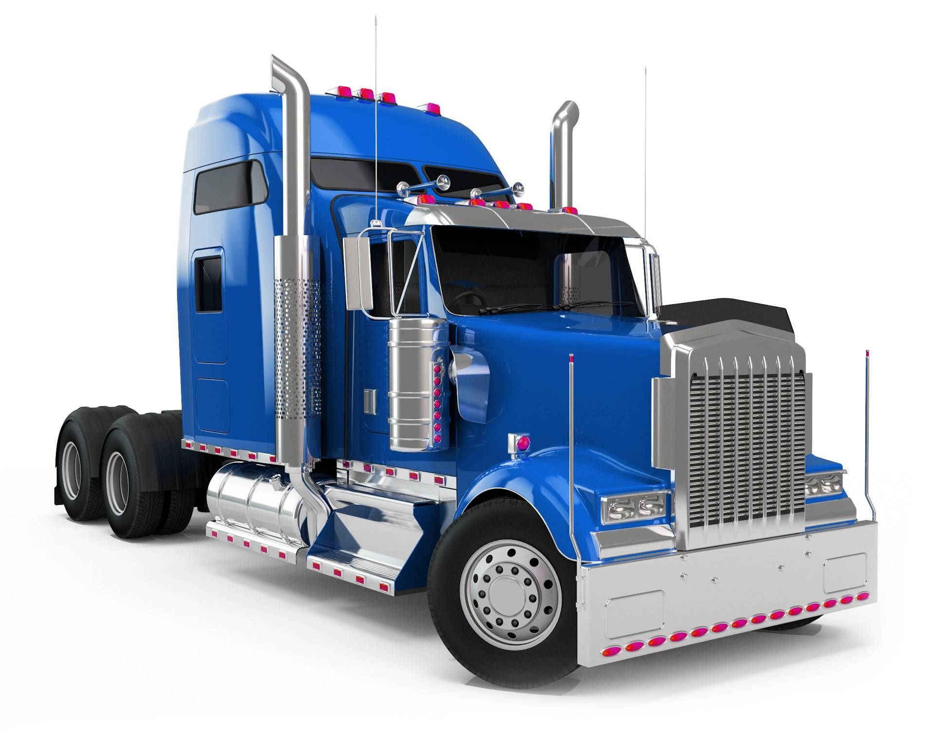 A blue semi truck with a trailer on a white background.