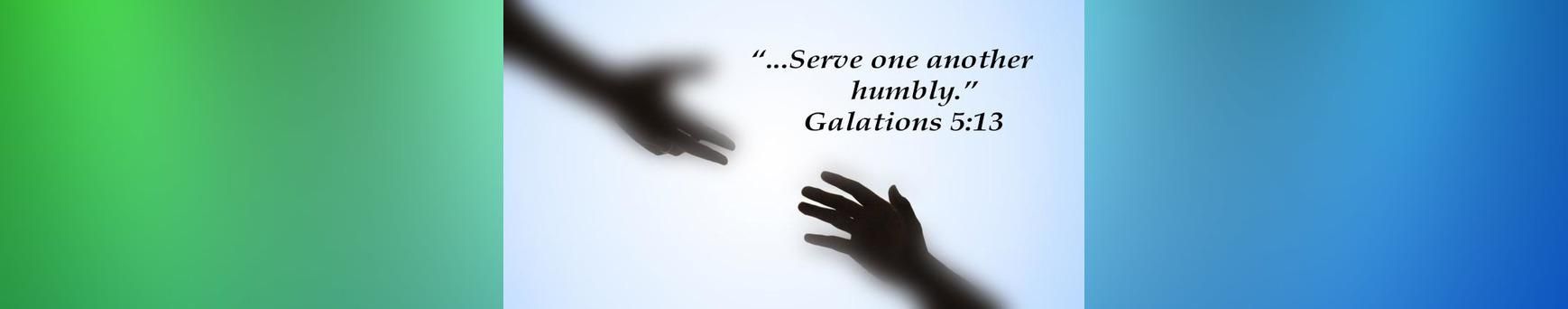 Silhouette of outstretched hands over a white center, framed by green and blue gradient sides with faint text above.