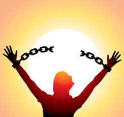 Silhouette with raised arms breaking black chains against a bright sunburst background