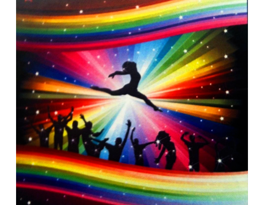Silhouetted dancer leaping above cheering crowd amid rainbow light beams and stars