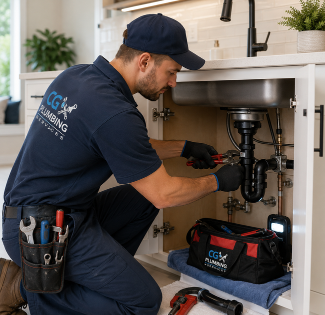 Plumber in navy uniform repairing under-sink plumbing with tools in a bright kitchen cabinet