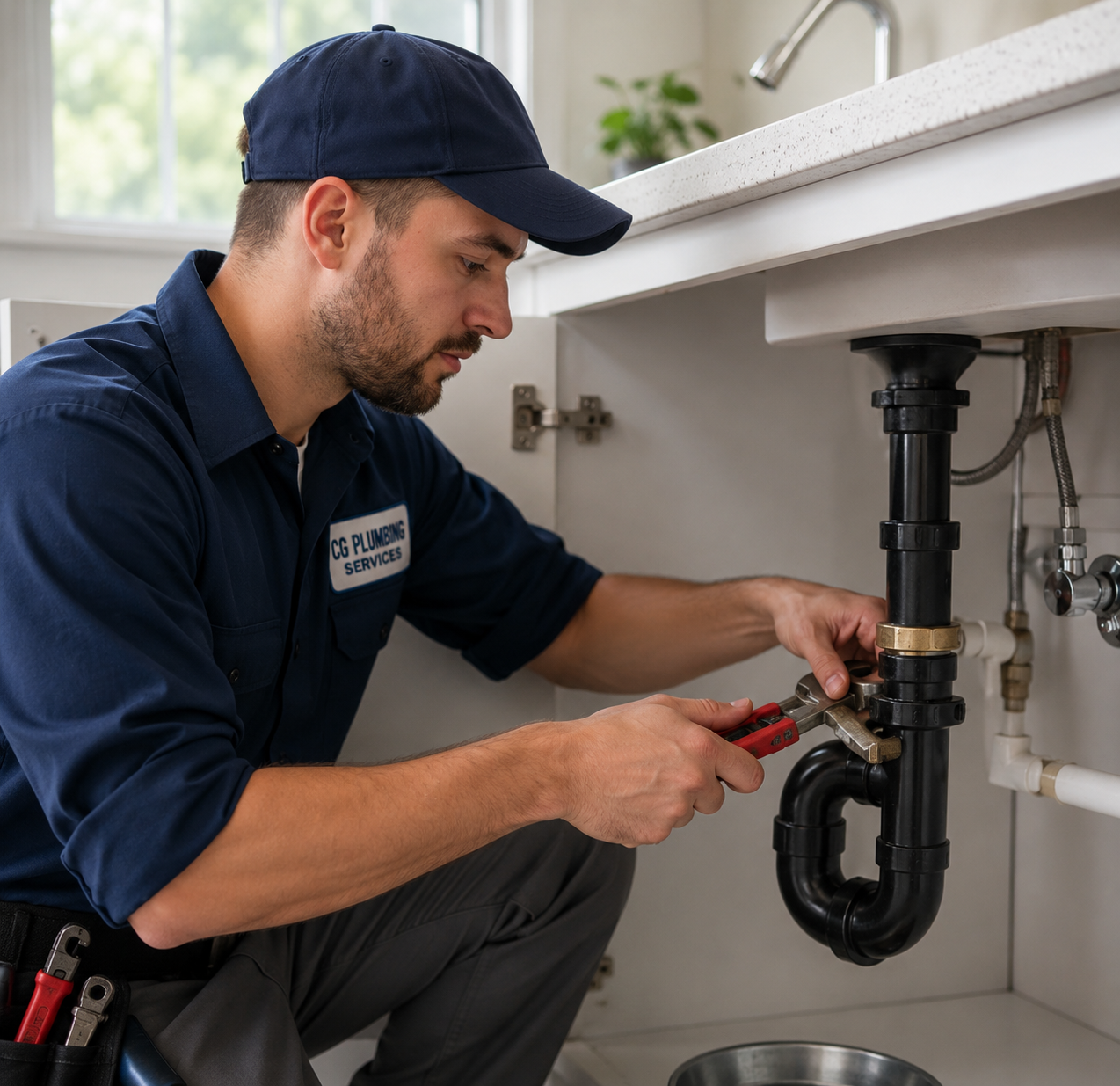 Plumber tightening a black under-sink pipe with pliers in a kitchen cabinet