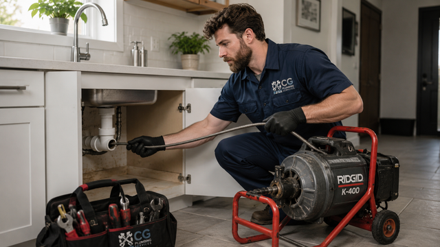 Technician using a drain camera under a kitchen sink, with plumbing inspection equipment on the floor