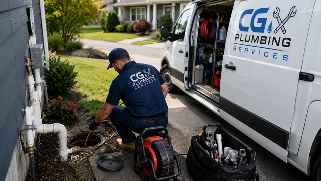 Plumber in navy uniform works by a service van beside an outdoor utility area.