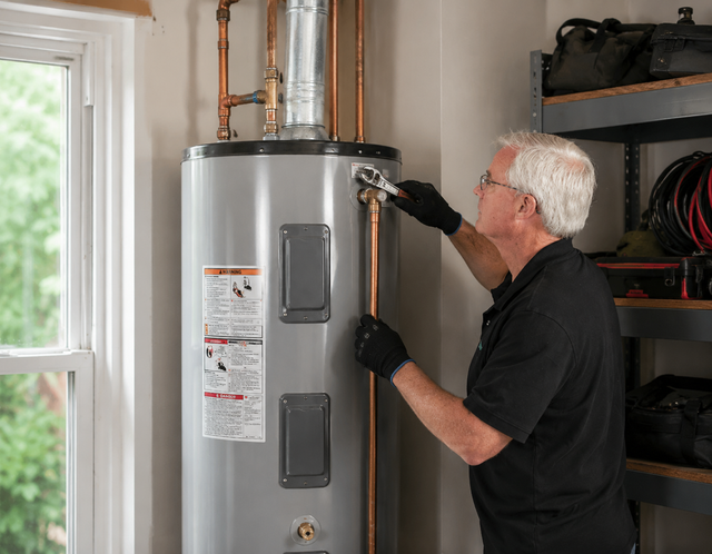 Technician inspecting a water heater in a utility room, reaching toward pipes and controls.