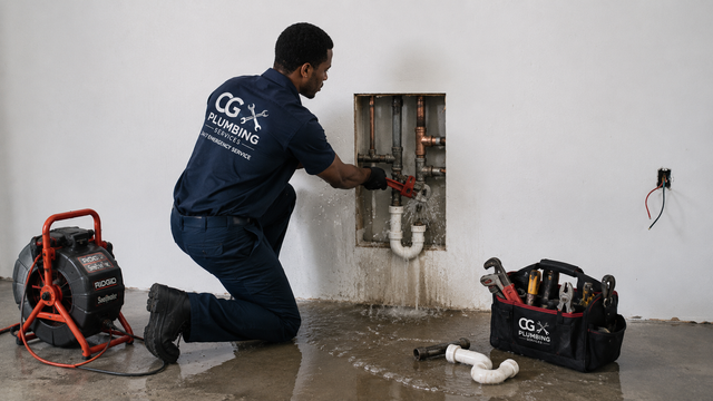 Plumber repairing wall pipes beside a wet floor with tools and a drain snake machine nearby