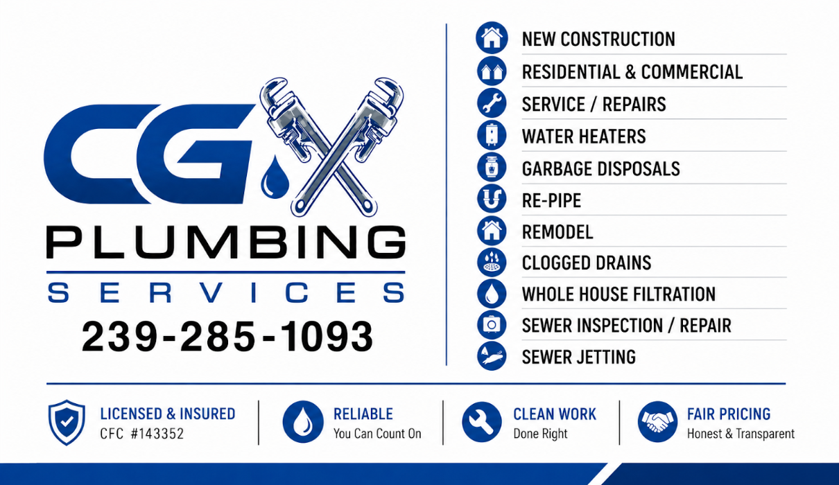 CGX Plumbing Services logo with phone number and a list of plumbing services on a white background