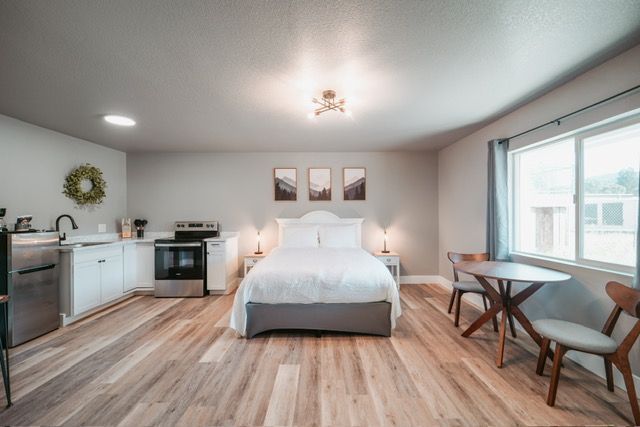 Bright studio apartment with bed, kitchenette, desk, and large windows with gray curtains