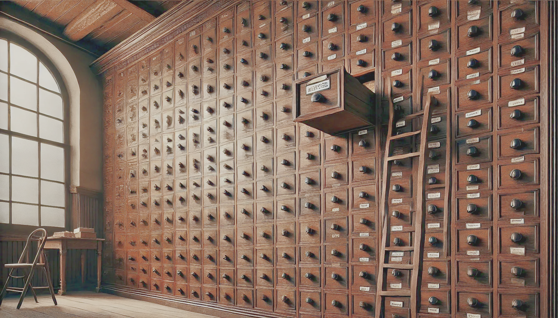 Eine Wand aus kleinen Holzschubladen in einer alten Apotheke, mit einer Leiter und einem Bogenfenster.