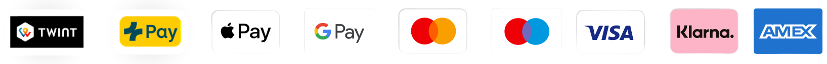 Logos der Zahlungsmethoden: PayPal, Apple Pay, G Pay, Mastercard, Visa, Klarna und AmEx.