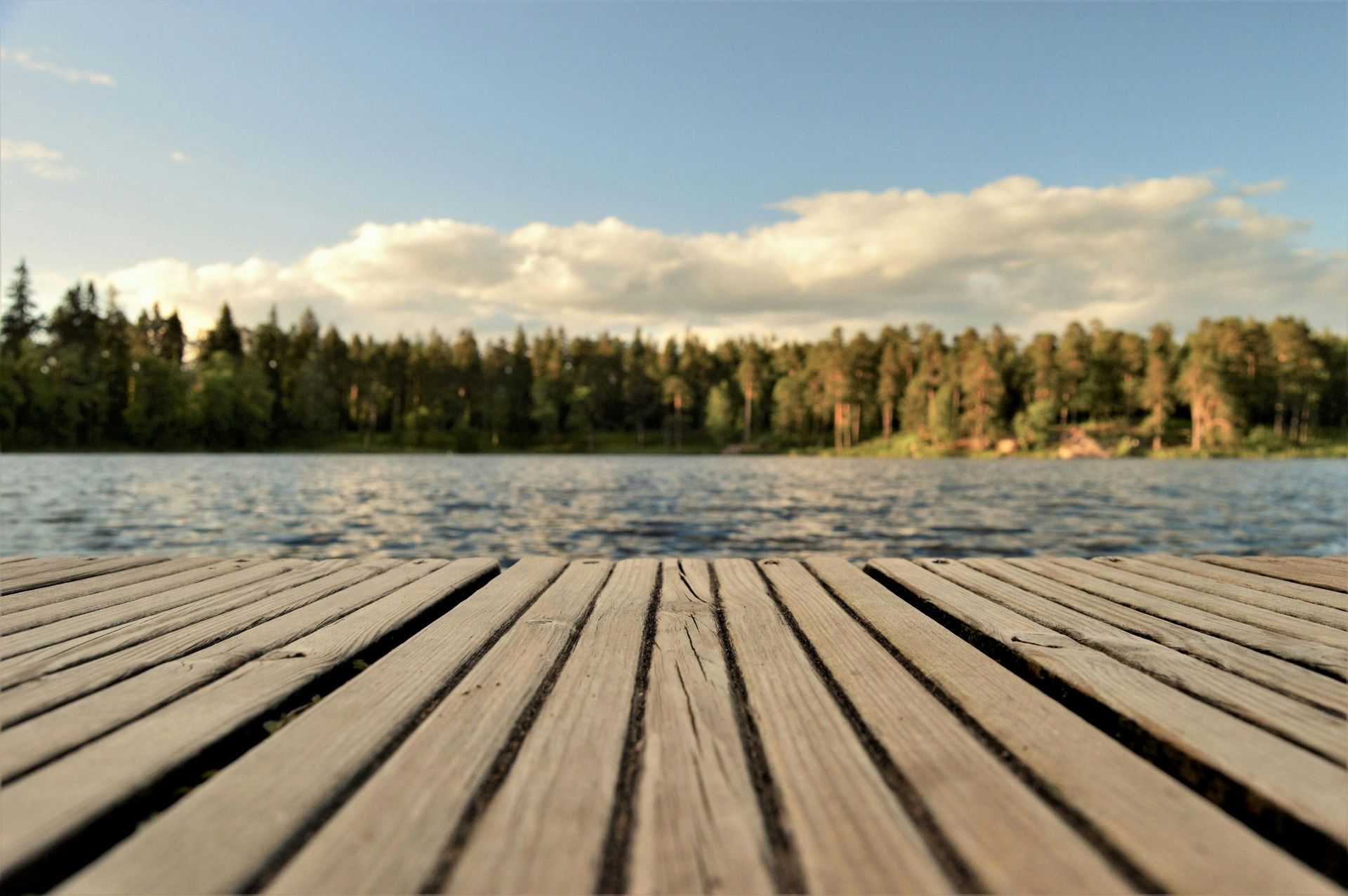Ein hölzerner Steg führt zu einem ruhigen See mit bewaldetem Ufer unter einem teilweise bewölkten Himmel.