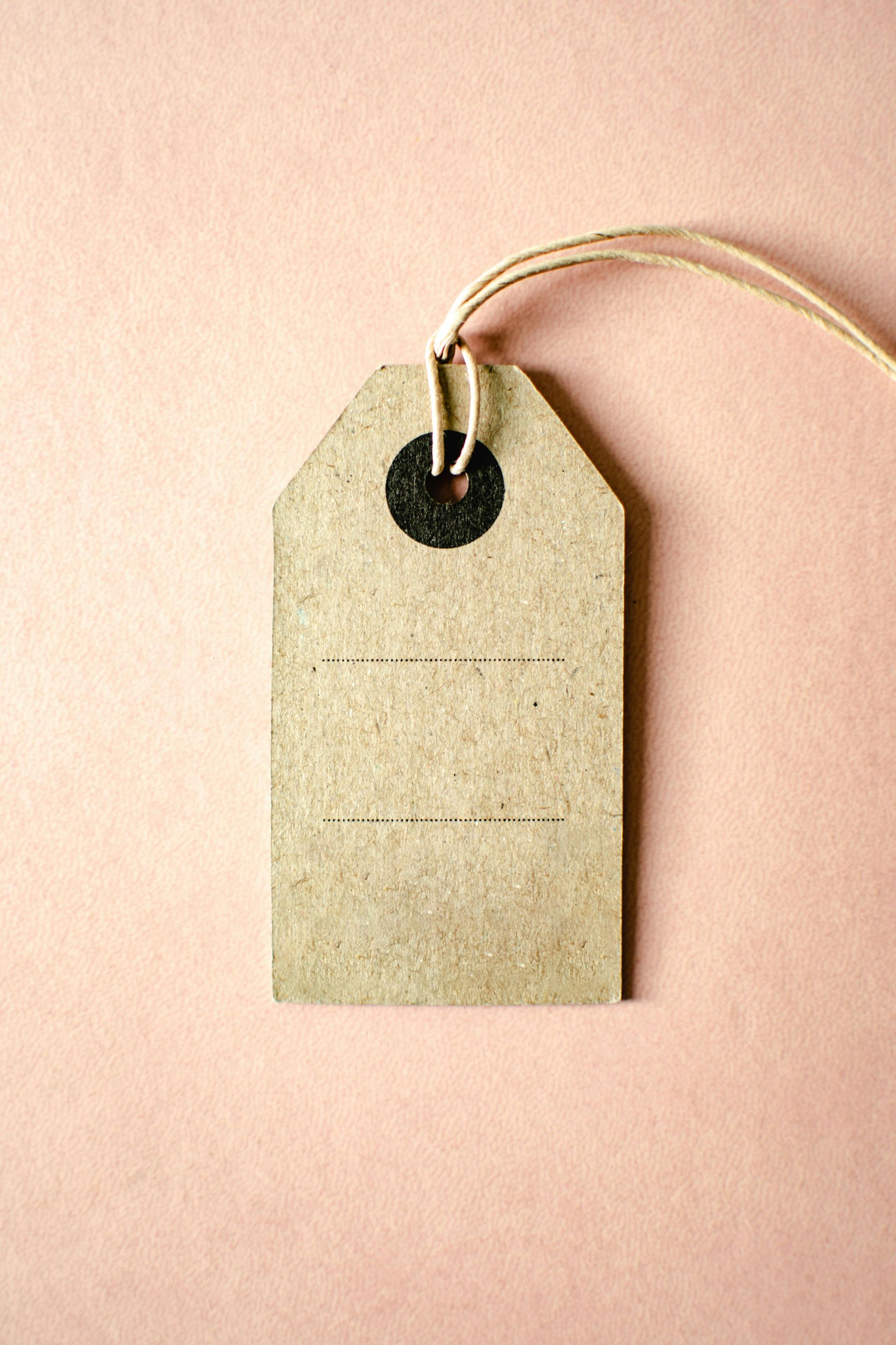 Blank brown price tag with string on pink background.