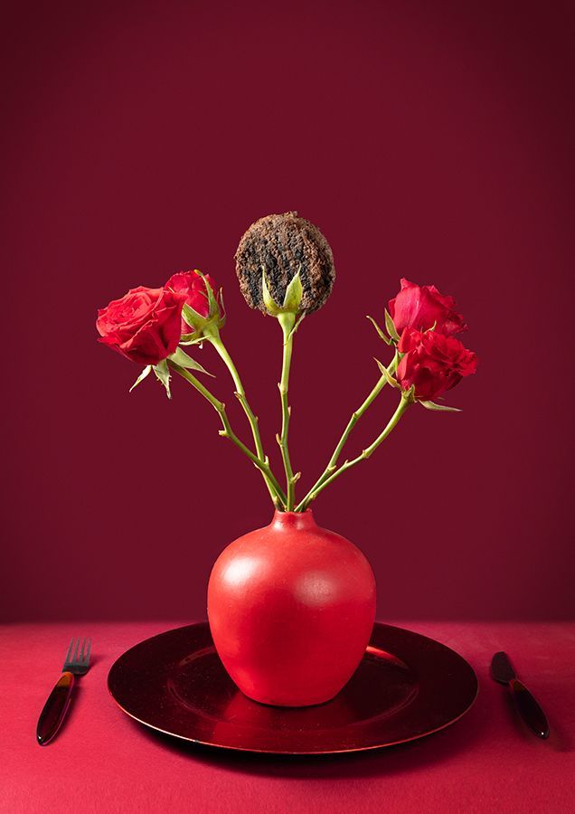 Rode rozen en een met chocolade bedekte truffel in een rode vaas op een rood bord, met vorken, tegen een rode achtergrond.