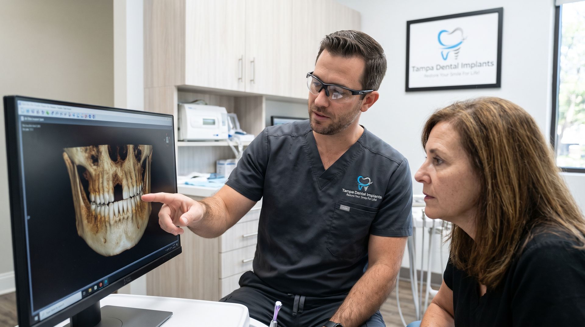 Dentist showing a patient a dental X-ray on a computer in a clinic office.