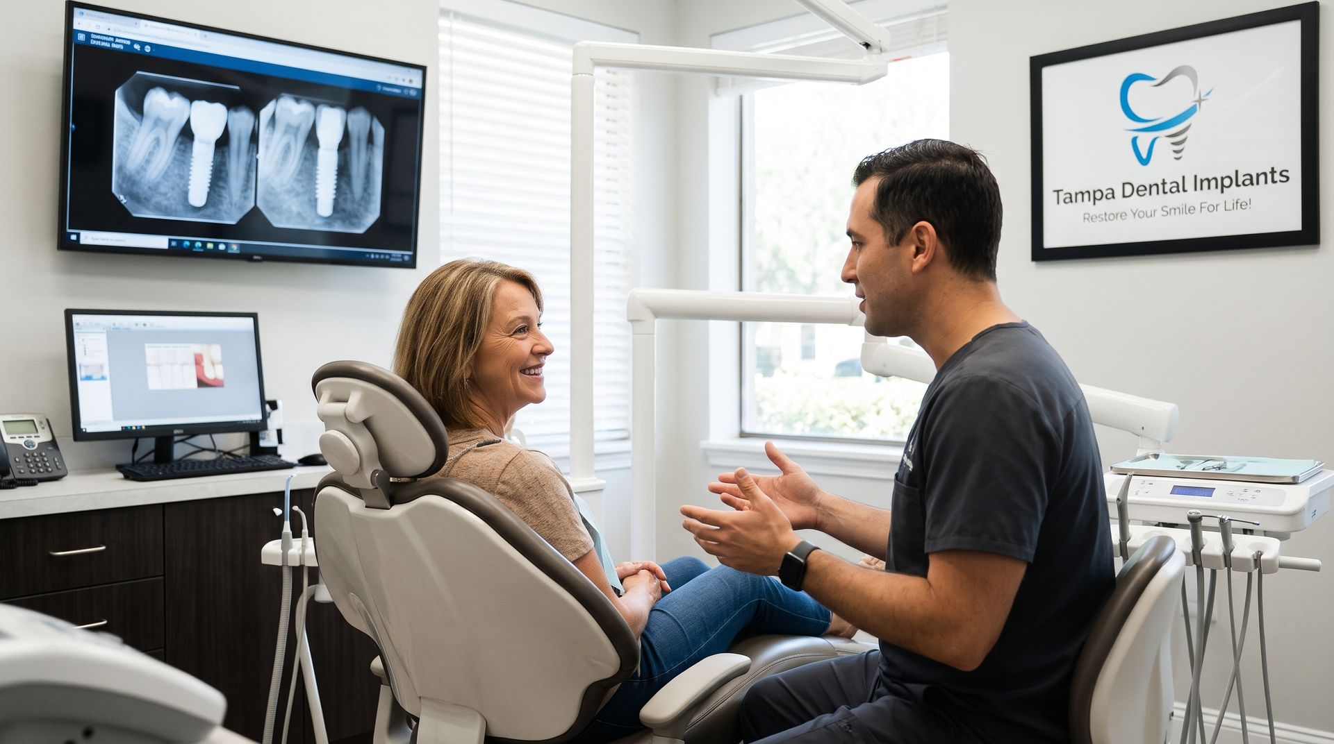 Dentist consulting with a patient in a bright dental office, with X-ray and monitor visible.