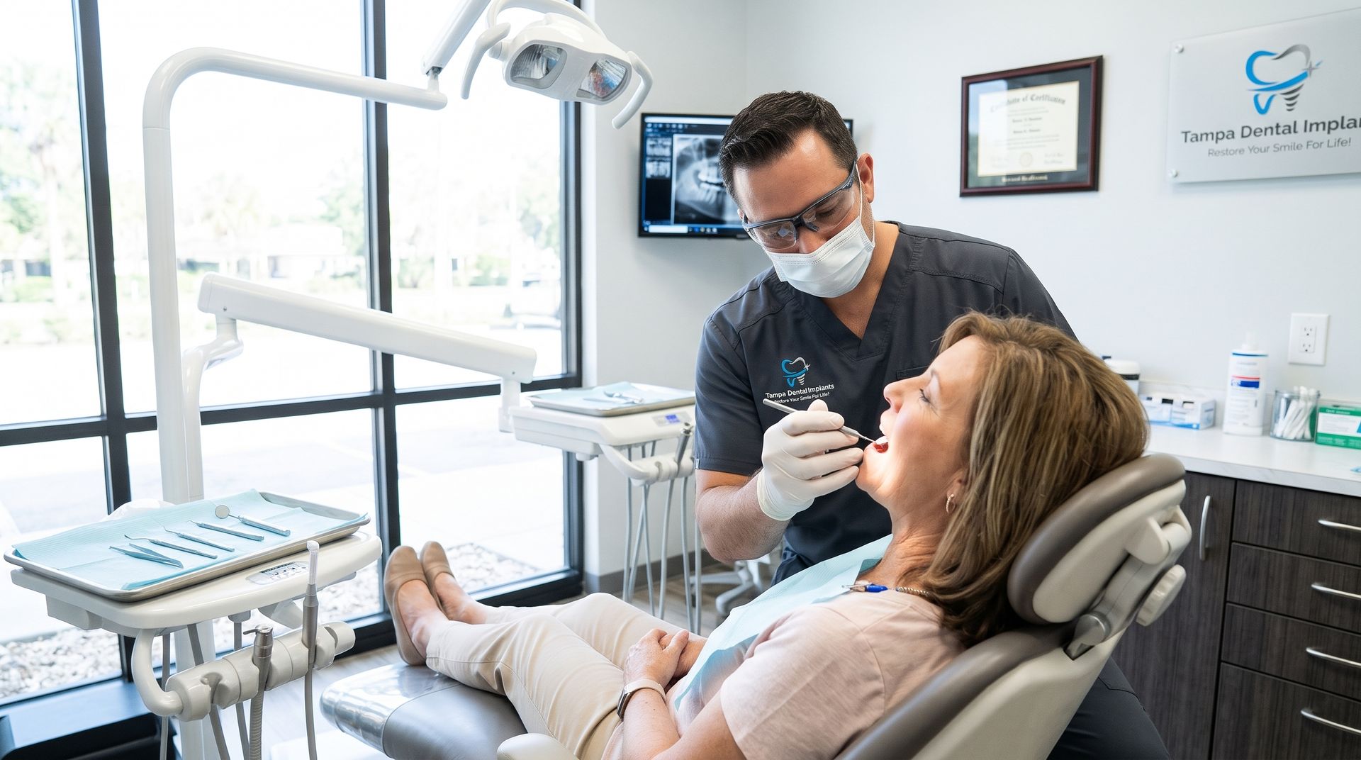 Dentist examining a patient in a bright clinic, using tools beside a chair and window.