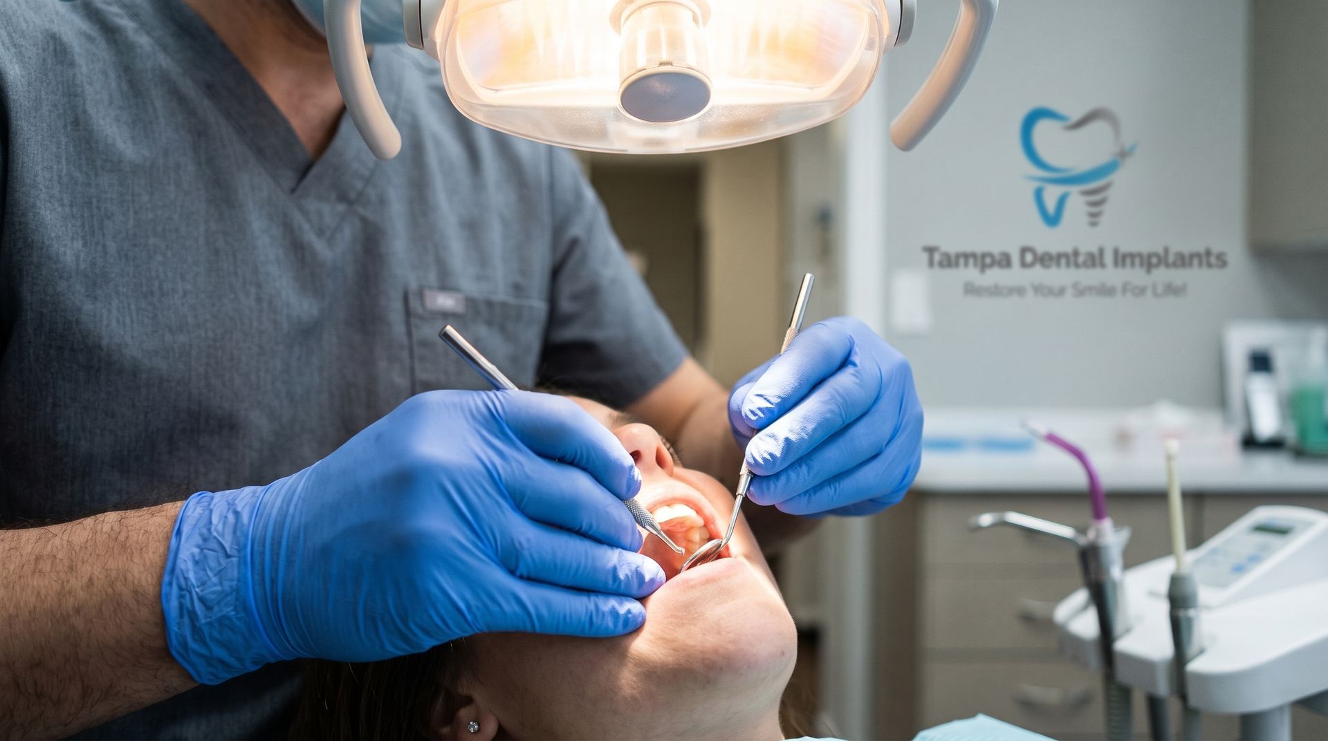 Dentist in blue gloves examining a patient’s mouth under a dental lamp in a clinic