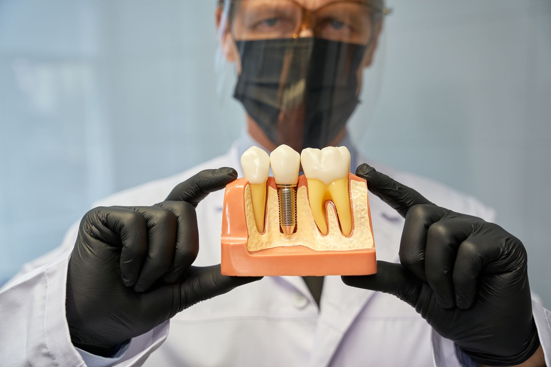 Dentist holding dental model with tooth implant, wearing a mask and gloves.