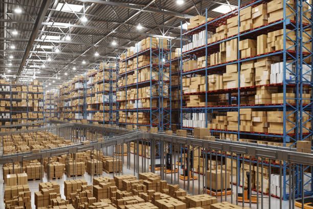 A large warehouse filled with lots of boxes and shelves.