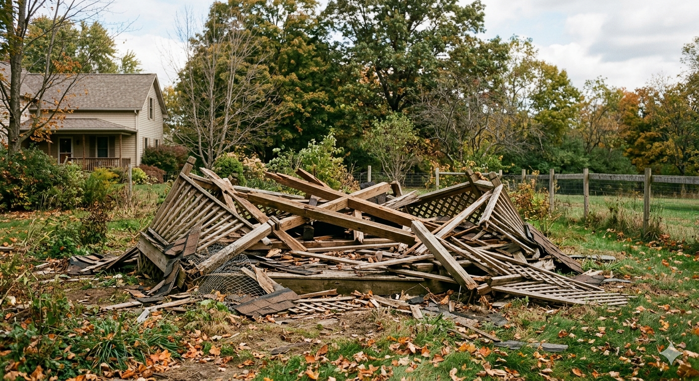 Collapsed wooden structure in a grassy yard with debris, trees, and a house in the background