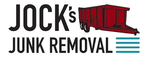 JOCK&rsquo;S Junk Removal logo with black text and a red dumpster graphic with teal lines