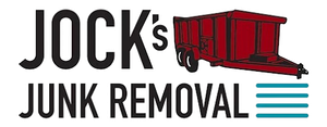 JOCK&rsquo;S Junk Removal logo with black text and a red dumpster graphic with teal lines