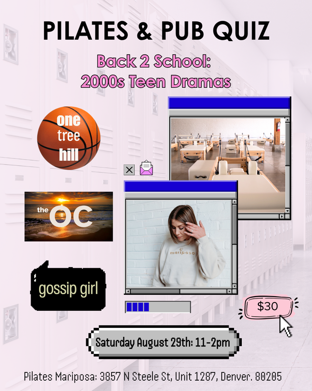 Digital flyer for Taylor Swift Pilates & trivia event at Pilates Mariposa, Denver reformer Pilates studio
