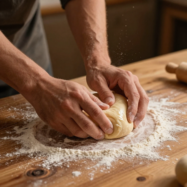 Manos artesanas amasando pasta