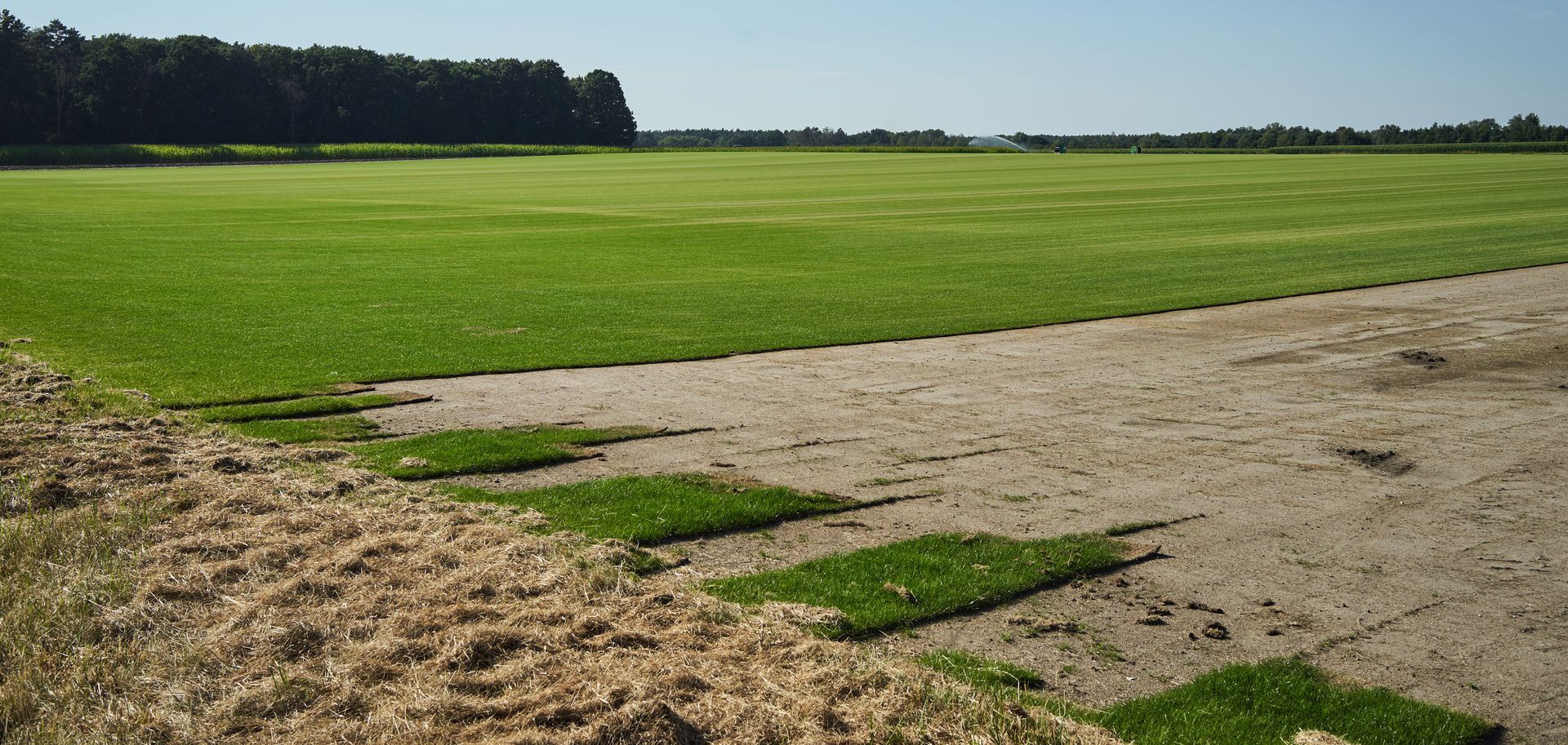 Green sports field beside a gravel path under a clear sky, with trees in the distance