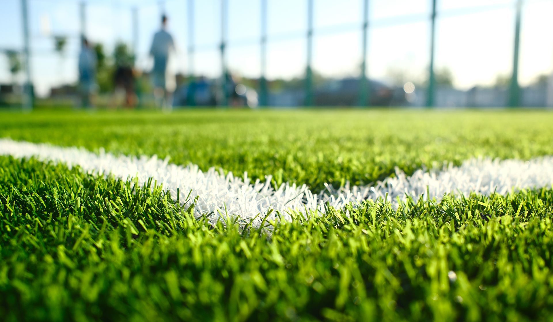 Close-up of a grassy sports field with a white painted boundary line in bright sunlight