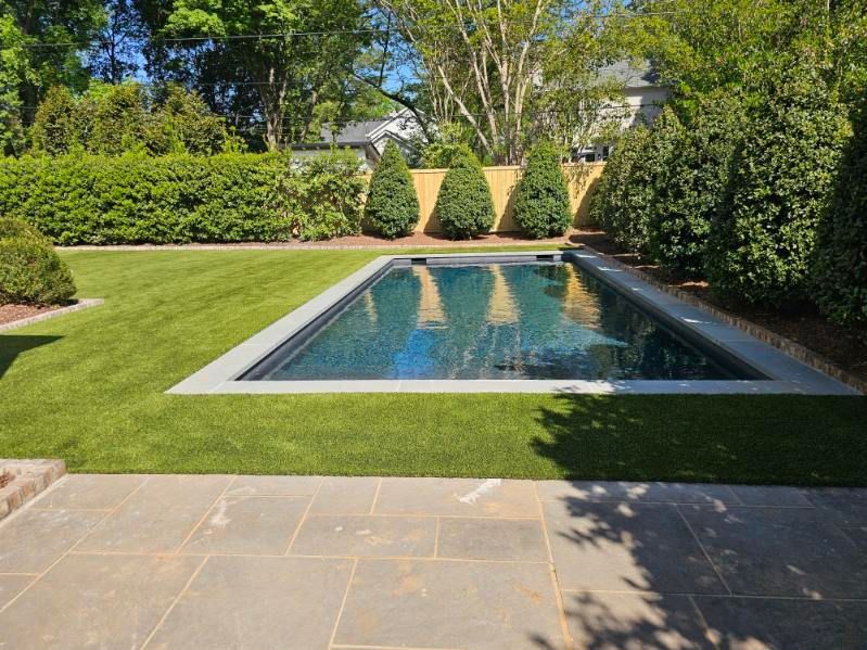 Modern backyard with a rectangular swimming pool, green lawn, hedges, and stone patio under sunny skies