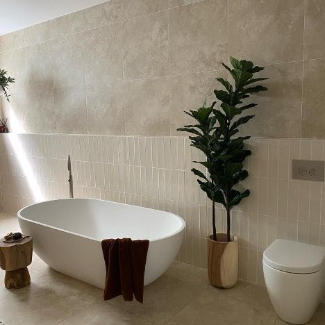 A Bathroom with a Bathtub, Toilet, and Plant — Corrimal Discount Tiles and Bathroomwear in East Corrimal, NSW