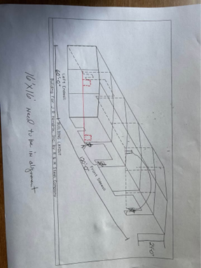 A hand-drawn architectural floor plan sketch showing a layout with dimensions and a note about tube alignment.