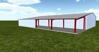 A metal building with a white exterior, gray roof, and a partial open-sided bay supported by red structural columns.