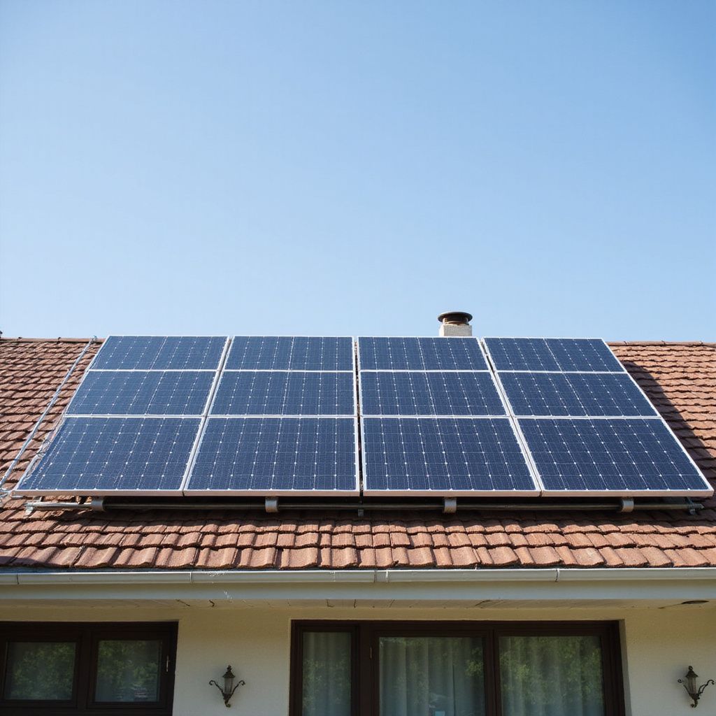 Solar panels on a red-tiled roof against a blue sky.
