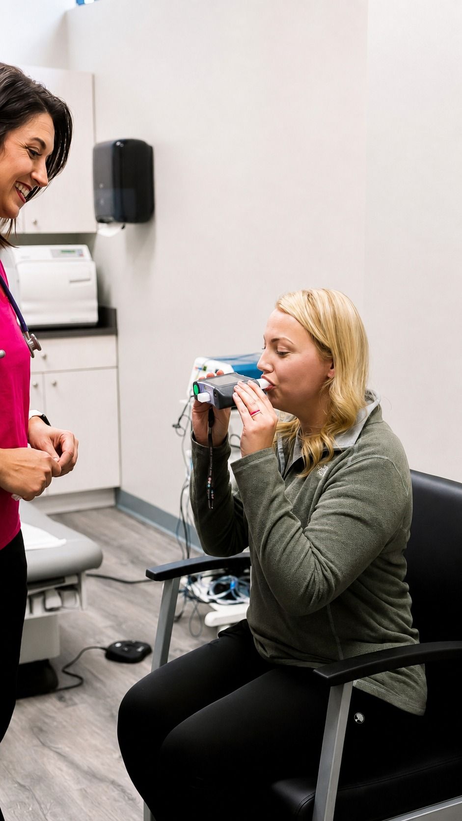 Spirometry testing demonstration at Carriage Hill Family Care
