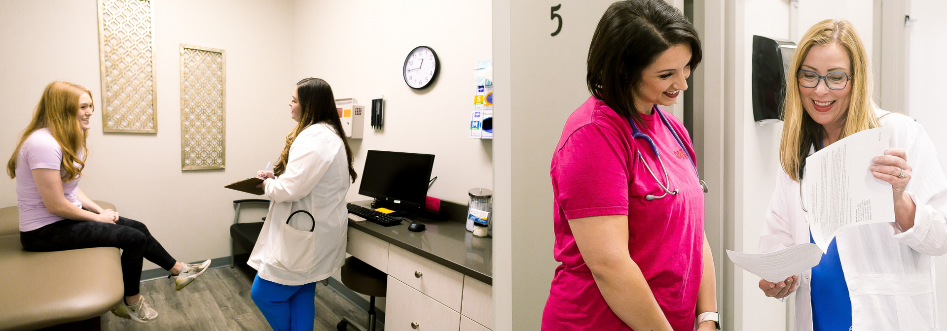 Women in an exam room, one seated on an exam table while two others review a document beside a wall clock.