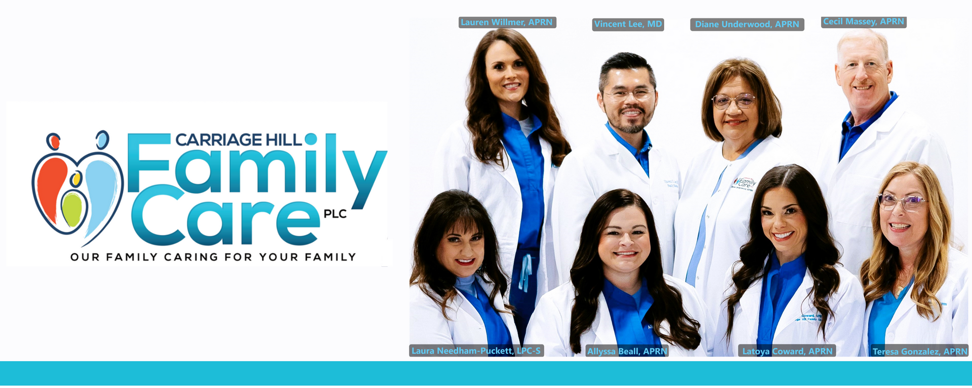 Family Care clinic banner with staff portraits and logo on a white and turquoise background