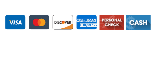 Payment method icons: Visa, Mastercard, Discover, American Express, personal check, and cash.