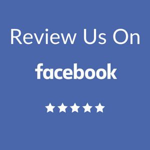 Blue “Review Us On Facebook” graphic with five white stars