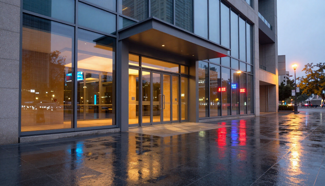 A modern building entrance with potentially slippery wet pavement during a rainy evening.