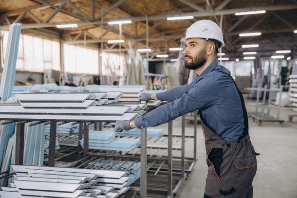 Worker in a warehouse guiding stacked metal panels on a cart