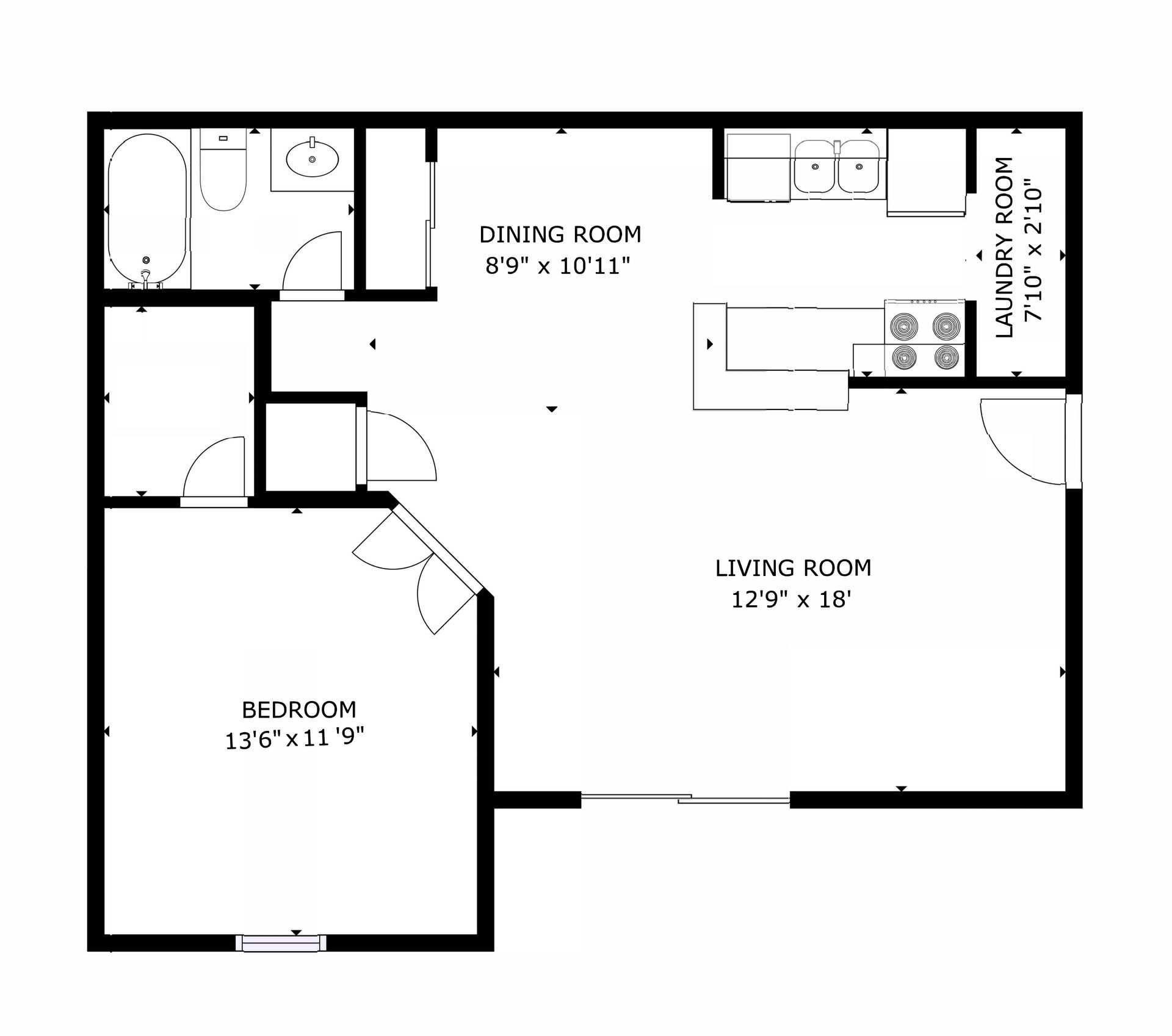 Floor plan of a two-story apartment: kitchen, dining area, living room, laundry, and stairs.