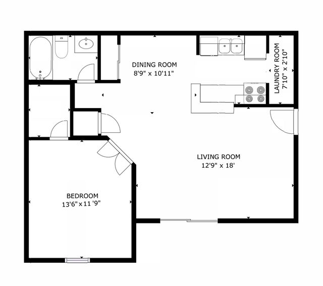 Floor plan of an apartment showing kitchen, dining, living, and bathroom areas.