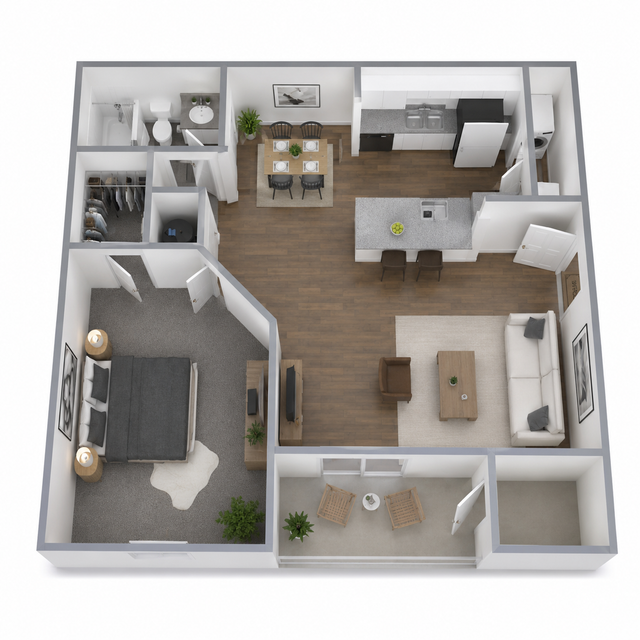 Floor plan of an apartment showing kitchen, dining, living, and bathroom areas.