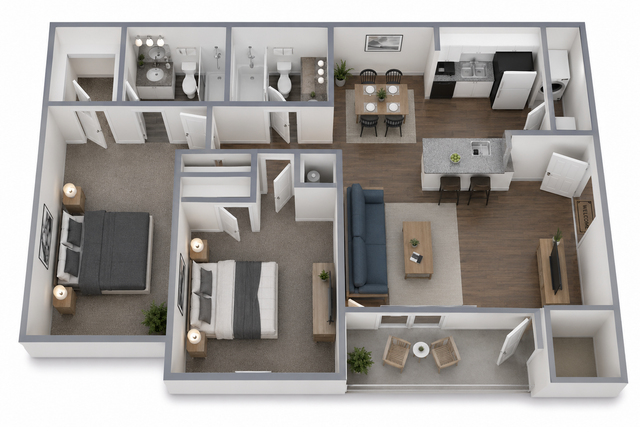 Floor plan of a two-story house. Kitchen, dining, living room, laundry, and stairs. Brown, beige and white color scheme.