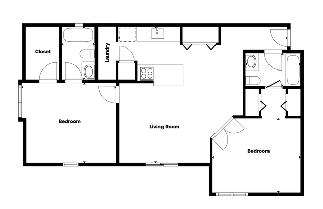 Floor plan of a two-story house. Kitchen, dining, living room, laundry, and stairs. Brown, beige and white color scheme.