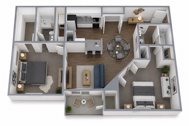 Floor plan of a two-story house. Kitchen, dining, living room, laundry, and stairs. Brown, beige and white color scheme.