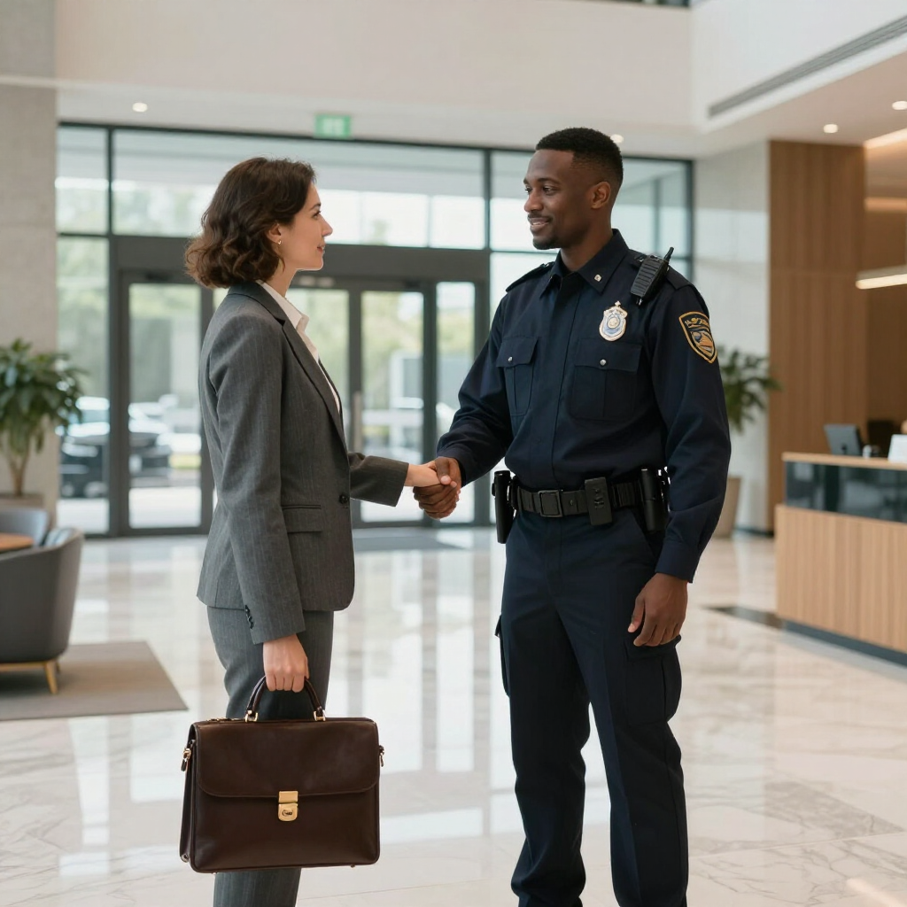 security guard and client in lobby